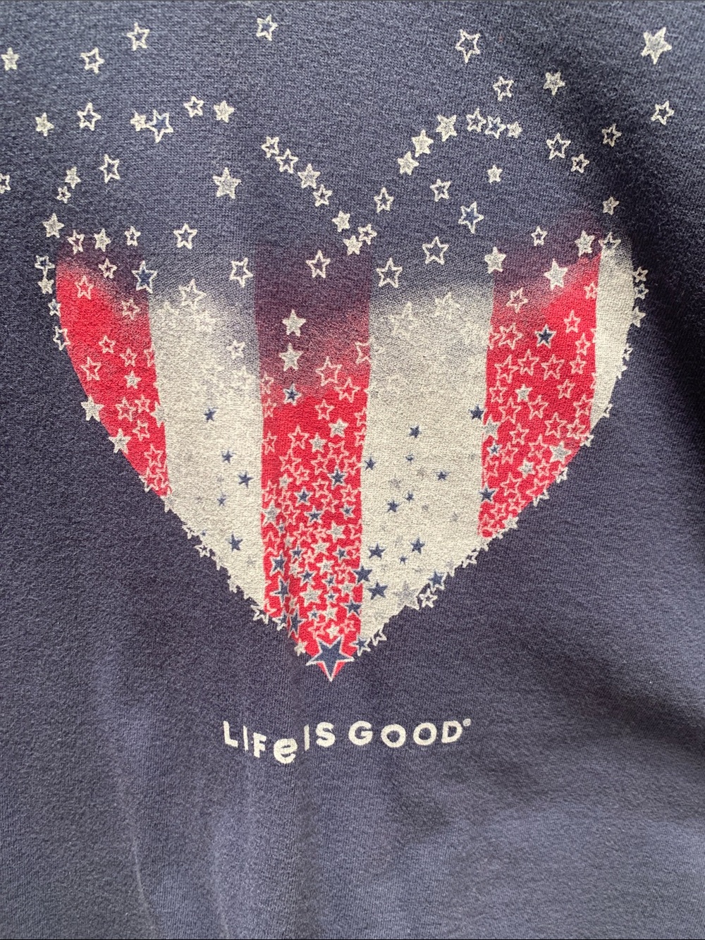 Life Is Good Navy V-Neck Tee with Red & White Heart Flag Graphic